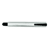 A silver slimline retractable box cutter with a black sliding mechanism and a keyring attachment.