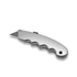 A silver utility knife with a textured handle and retractable blade, featuring a small hole for attachment.