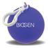 A round purple rain poncho ball with a white clip attachment and a logo on the front.