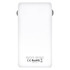 A white power bank with a capacity of 5,000 mAh, featuring a logo and smooth surface design.