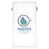 A white power bank with a rounded shape, featuring a logo on the front.