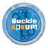A blue LED light-up yo-yo with a clear casing, featuring a logo on the surface.