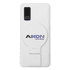A white power bank with a circular pop-out stand and a logo, featuring a sleek, compact design.