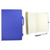 A blue recycled notebook with a matching pen, featuring lined pages and a secure closure.
