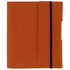 An orange small tuck journal book with a black elastic band, featuring a textured cover and a pocket.