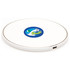 A round white wireless charging dock featuring a logo in the centre and a USB-C port on the side.