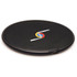 A round black wireless charging dock with a USB-C port and a prominent logo on the surface.
