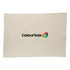 A cotton tea towel in cream colour featuring a logo at the centre.