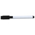 A whiteboard marker with a black cap and nib, featuring a white barrel. It has a logo on the barrel.