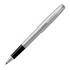 A metal rollerball pen in brushed stainless steel, featuring a sleek design and a black writing tip.