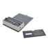 A metal rollerball pen in brushed stainless steel, presented in a grey box with a decorative card.