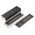 A metal ballpoint pen in brushed stainless steel, presented in a black box with a white interior and a branded card.