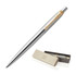 A metal ballpoint pen in brushed stainless steel with a gold clip, presented in a stylish box.
