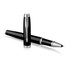 A metal rollerball pen in lacquer black with silver accents and a branding logo.