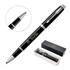 A black rollerball pen with silver accents, displayed in a box alongside the lid and an enlarged view of the nib.