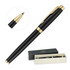 A rollerball pen in lacquer black with gold trim, displayed in a box with a logo.