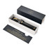 A rollerball pen in lacquer black with gold trim, presented in a stylish box with a branding logo.