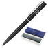 A black ballpoint pen in a presentation box with a silver clip and a logo on the barrel.