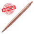 A ballpoint pen in monochrome rose gold with a sleek design and a branding logo.