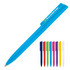 A ballpoint pen in blue, alongside a selection of pens in purple, red, green, yellow, orange, and white, featuring a logo.