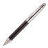 A ballpoint pen with a carbon fibre barrel and silver accents, featuring a sleek, modern design and a logo.
