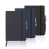 A set of three A5 executive notebooks in navy, dark grey, and black, each with a pen and an elastic band.