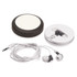 Earphones in white and grey, with a circular black case for storage and a white audio jack cable.