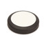 A round black and white product with a smooth surface and a slightly raised edge. It features a logo on the top.