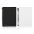 A spiral-bound A6 notebook featuring a black cover and a white cover, with visible spiral binding.