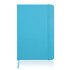 A turquoise A5 notebook journal with a leather look and an elastic closure. Features a logo on the cover.