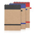 A set of three spiral-bound notepads made from recycled paper, featuring black, blue, and red elastic bands.