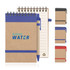A recycled paper spiral-bound notepad with a blue and kraft cover, accompanied by a matching pen.