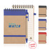 A spiral-bound notepad made from recycled paper, featuring a blue, brown, and red colour scheme with a pen attached.