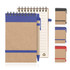 Eco Notepad made from recycled paper, spiral bound, featuring a blue or red elastic band and matching pen. Available in multiple colours.