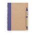A spiral-bound notebook with recycled paper and a blue cover strip, accompanied by a matching pen.