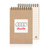 A spiral-bound notepad in a brown recycled cover with lined pages and a logo on the front.