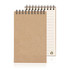 A spiral-bound notepad made from recycled paper, featuring a brown cover and lined pages inside.