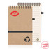 A spiral-bound notepad made of recycled paper, featuring a brown cover and a logo, with an elastic closure.