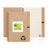 A spiral-bound notebook made from recycled paper with a brown cover and a logo on the front.