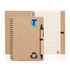 A recycled paper spiral-bound eco notebook in a light brown colour, accompanied by a pen and featuring a logo.