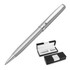 A silver ballpoint pen with a sleek design, accompanied by a black presentation box. The box features a white insert.