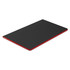 A black notebook with a red edge and a smooth cover, featuring a logo on the front.