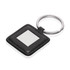 A square keyring featuring a metal plate and a black leather look finish, with a silver keyring attachment.