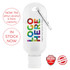 A clear hand sanitiser gel bottle with a carabiner, containing 75% ethyl-alcohol and a 55ml capacity.