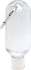 A clear plastic bottle with a carabiner, containing 55ml of hand sanitiser gel.