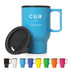 A travel mug in vibrant blue with a handle and a black lid. Available in various colours. Features a logo.