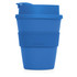 A blue eco coffee cup made of plastic, featuring a lid and a silicone sleeve for grip. It has a logo.
