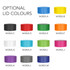 A display of optional lid colours for a drink bottle, featuring blue, red, green, purple, and various other shades.