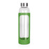 A drink bottle with a transparent glass body and a green silicone sleeve, featuring a silver screw top.