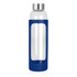 A drink bottle with a clear glass body, blue silicone sleeve, and a stainless steel lid.